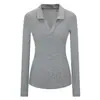 Camiseta Básica de Cuello Solapa 4P para Mujer, Corte Ajustado, Color Sólido, Camiseta Interior Básica Versátil de Manga Larga para Otoño e Invierno