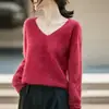 26 Suéter Básico de Lã com Gola V Sem Costura Forrado com Fleece Outono/Inverno para Mulheres, Tricô Pulôver Solto e Casual