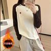 9028# T-shirt de manga comprida com bordado de veludo dupla face, cor contrastante, quente, folgada, curinga, base, feminina
