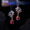 Aretes Rosas de Gota de Agua, Pequeños Elegantes y Lindos, Aguja de Plata S925, Gradiente Transparente, Súper Brillantes, Aretes de Flor Morada Coloridos