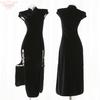 Cheongsam de Veludo Estilo Chinês Vintage Vestido Melhorado Novo Estilo Chinês Fenda Alta Fresco Sough Preto Elegante Vestido Longo