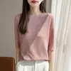 Novedades de Otoño Primera Línea Ropa Lista para Usar Lana Espiga Cuello Redondo Manga Corta Manga de Cinco Puntos Tejido Suéter Delgado Mujer