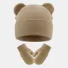 Amazon Novo Boné de Lã Tricô com Orelhas de Urso Fofo Conjunto de Chapéu e Luvas Quentes Outono Inverno Feminino