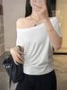 Camiseta Feminina de Verão Estilo Americano com Ombro Caído, Manga Curta, Algodão, Estilo Coreano Solto, Estilo Preguiçoso, Design com Senso, Top Ombro a Ombro
