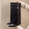 Botas Longas Estilo Tubarão para Mulheres, Botas de Salto Alto Slim que Cobrem o Joelho, Nova Moda Outono 2026 Estilo Europeu e Americano Botas Bootcut com Fivela