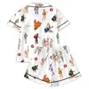 Cardigan Transfronterizo Europeo y Americano de Seda de Leche con Estampado de Colores Claros para Mujer, Conjunto Casual Transpirable de Manga Corta y Shorts para el Hogar