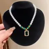 Cadena de Piedra Verde~Collar Cuadrado de Circonita y Perla Estilo Francés, Cadena para Clavícula Estilo Corte Vintage, Joyería de Nicho de Lujo Ligero