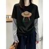 Camiseta de Manga Larga con Parches Rayados Falso Dos Piezas para Mujer Otoño Holgada Estilo Coreano Sentido del Diseño Nicho Capa Interior Capa Base Superior