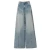 Yechuan # Jeans Largos Estilo Americano Azul Claro High-Street para Mulheres, Calças Vintage Lavadas de Cintura Alta Soltas Caídas Comprimento Total.