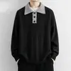 Suéter Polo Masculino de Cor Contrastante Outono Inverno Gola Revers Tricô Retrô Solto Masculino Casual Camada Base de Tricô Top
