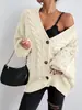 Suéter Retorcido de Cuello Cruzado Europeo y Americano para Mujer, Chaqueta de Temperamento para Viajar, Holgado, Perezoso, Raya de Canalé, Manga de Farol, Cárdigan de Punto