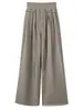 Pantalones de pierna ancha casuales de verano finos para mujer, color verde grisáceo, tiro alto, corte holgado, estilo americano, con botón y cordón