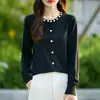 Cardigan Elegante de Bolinhas com Gola Redonda Liso para o Dia a Dia, Jaqueta Simples de Manga Longa com Botão de Pérolas, Cardigan Versátil para Primavera/Outono para Mulheres