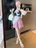 Shorts de Verano para Mujer Estilo Coreano Dibujo Animado Retro Estampado de Mariposas Cuadros Casuales Cintura Alta Adelgazantes Caída Amplia