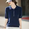 Camiseta de Punto de Algodón Puro con Cuello Polo de Manga Corta para Mujer, Diseño de Botones en Color Verano, Elegante y Juvenil, Top Transpirable de Media Manga