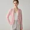 Cashmere 100% puro, estilo minimalista, gola azul-marinho, manga longa, cardigã de tricô de abotoamento simples, top versátil e que afina