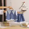 Conjunto de Roupa Retrô de Verão para Meninas 2026 Novo Estiloso Bebê Gola Lapela Jeans Roupa Infantil Manga Curta Conjunto de Duas Peças