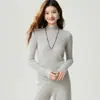 Suéter de punto de espiga de primera línea con cuello medio 100% cachemir puro para mujer, otoño e invierno, manga larga, prenda interior, corte ajustado, bodycon, capa base