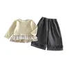 Conjunto de Duas Peças Top com Renda Patchwork Xadrez Estilo Coreano para Meninas, Conjunto Casual de Outono com Calça de Perna Larga Franzida
