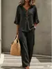 Pantalones largos transfronterizos europeos y americanos con botones y volantes, y top casual de manga tres cuartos con cuello en V para mujer, nuevo conjunto casual de dos piezas para comercio exterior