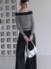 Top de punto a rayas con patchwork de color contrastante, hombros descubiertos, manga larga para mujer, diseño de otoño, top base único y hermoso