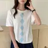Camiseta de verano para mujer de punto de algodón puro con jacquard de rombos, manga corta, diseño retro suave, cuello redondo, corte ajustado, versátil y moderna
