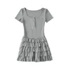 Estilo Pura Pasión Sexy Moda Sencillo Vestido Corto de Manga Corta Ajustado Cuello Cuadrado Falda de Pastel Femenina Falda Corta de Color Puro