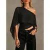 Camiseta de Color Sólido Versátil de Moda de Malla Transparente Asimétrica de un Solo Hombro Estilo Nuevo Europeo y Americano