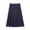Outono Novo Estilo Casual Feminino Cintura Alta Jeans Plissada Saia Midi com Cinto