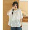 Camisa francesa de manga corta con cuello redondo plisado y bordado de crochet, estilo relajante y adelgazante, para mujer, novedad de verano de 2024
