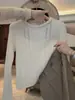 Suéter de estilo casual, encaje calado, cuello redondo, color blanco roto, top de punto para mujer, versátil y favorecedor, nueva colección de otoño