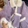 Lindo e Deslumbrante Casaco Curto de Lã de Cordeiro com Gola Reversível Roxa para Mulheres, Novo Estilo 2025, Top Soltinho Tendência para Este Ano