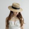 Moda casual nova de primavera e verão laço de fita tecelagem manual costura vazada grama de ráfia chapéu de palha chapéu de sol chapéu de palha tendência
