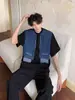 Verano Nicho Mezclilla Costura Falso Dos Piezas Chaleco Hombrera Camiseta de Manga Corta para Hombre Diseño Callejera Fresca Sentido del Diseño Gordo Guapo Camiseta de Media Manga