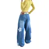 Calça jeans larga de cor clara com bordado floral para mulheres, nova coleção de outono 2026, corte solto, modeladora e de comprimento até o chão.