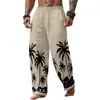 Calça de Linho Masculina Casual Solta para Todas as Estações com Estampa de Palmeiras Havaianas - Cruzamento Europeu e Americano Amazon