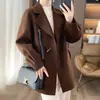 Casaco de Lã com Botão Estilo Chinês Feminino de Comprimento Médio para Outono e Inverno Lapela Alta Lã Solto para Baixinhas