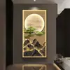 Nueva Pintura Decorativa de Entrada de Paisaje Chino Respaldo por Montaña Dorada Pintura de Pared de Entrada Pino de Bienvenida Pasillo con Luces Pintura Colgante