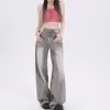 Jeans para Mujer Color Gris Moca Lavado Vintage Ajuste Delgado Estilo Hot Girl, Pierna Ancha Sueltos de Cintura Alta Control de Abdomen, Alargadores de Piernas