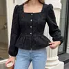 Top casual jacquard estilo europeo y americano para mujer, otoño 2026, alta gama, entallado a la cintura, cuello cuadrado, manga abullonada, ropa para mujer transfronteriza