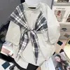 Camiseta Patchwork de Manga Curta com Laço e Estampa Xadrez Estilo Coreano para Mulheres, Design de Nicho de Verão, Top Soltinho para Casal