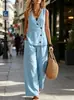 Estilo Old Money para Mujer Conjunto de Dos Piezas Chaleco de Verano sin Mangas con Cuello en V Pantalones de Pierna Ancha de Cintura Alta Venta al por Mayor Casual Europeo y Americano Transfronterizo