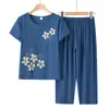 Trajes de Verano de Algodón y Lino para Mujeres de Mediana Edad y Mayores, Conjunto de Dos Piezas Estampado de Manga Corta, Holgado y Transpirable, Estilo Nuevo, Ropa de Verano Elegante