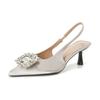 Versão de pele de carneiro, salto alto francês feminino, elegante, socialite, estilo Chanel, sandálias Baotou, strass, bico fino, sapatos femininos