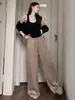 Pantalones anchos de acetato estilo chino para mujer, pantalones rectos casuales de cintura alta para verano con una sensación relajada y holgada, pantalones largos fluidos y texturizados