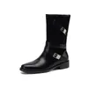 Botas de Media Pantorrilla para Mujer Estilo Británico Hebilla de Cuero Patchwork de Gamuza Otoño/Invierno 2026 Tacón Grueso Medio Punta Redonda Bloque de Color Piel Genuina