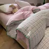Juego de cuatro piezas con borde de gasa fruncida, sábana bajera y funda de edredón de algodón lavado, juego de tres piezas para dormitorio de estudiante, juego de cuatro piezas con sábana bajera de algodón puro