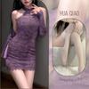 Lencería Floral y Sexy, Cheongsam Sexy sin Hombros, Nuevo Estilo Chino Hebilla Encaje, Corte Ajustado, Estilo Pura Pasión, Chal Morado, Dropshipping
