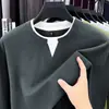 Otoño 2026 Nuevo Sudadera de Algodón Puro para Hombre con Falso Dos Piezas, Manga Larga, Cuello en V, Color Sólido, Moda Casual, Camiseta de Punto para Hombre