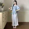 2026 Nuevo Conjunto de Camiseta de Maternidad con Parches de Encaje Azul Sal Marina + Pantalones de Maternidad con Volantes